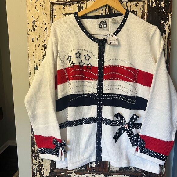 Storybook Knits NWT White Cardigan with ribbons and crystal embellishments 1X - Picture 1 of 9